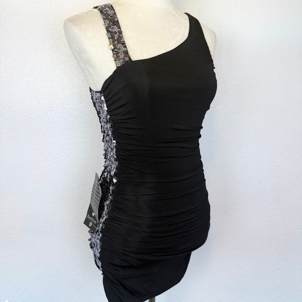 NWT Y2K Bebe‎ Lola Bodycon Sequin Sided Dress Womens Black Ruched Lined Mini XS